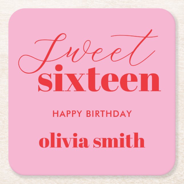 Sweet Sixteen Modern Pink Red 16th Birthday Square Paper Coaster (Front)