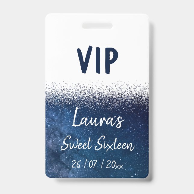 Sweet Sixteen Navy Blue White VIP badge ID Badge (Front)