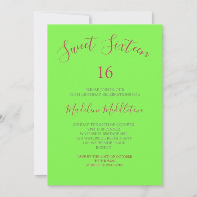 Sweet Sixteen Neon Green Photo Birthday Invitation (Front)