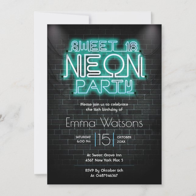 Sweet sixteen Neon Party Blue Invitation (Front)