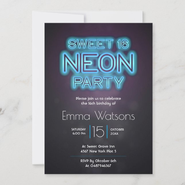 Sweet sixteen Neon Party Blue Invitation (Front)