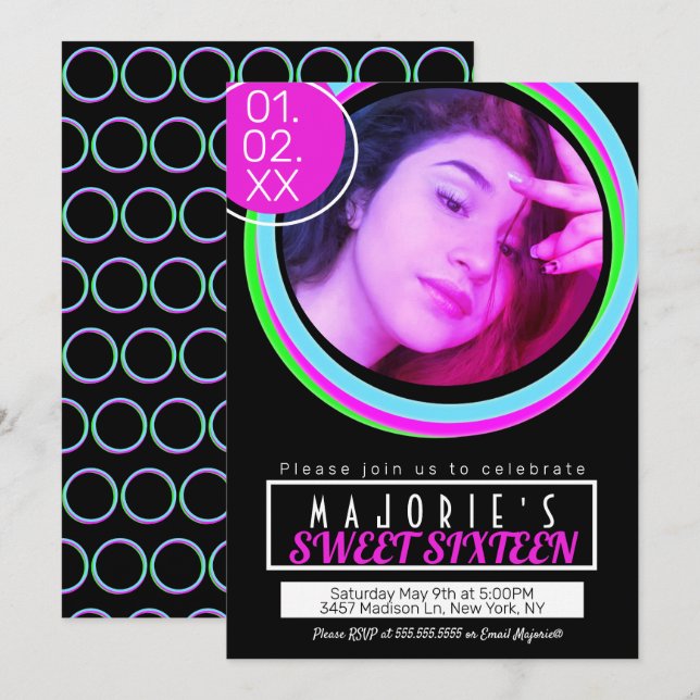 Sweet Sixteen Neon Party Club Style Glow Invitation (Front/Back)