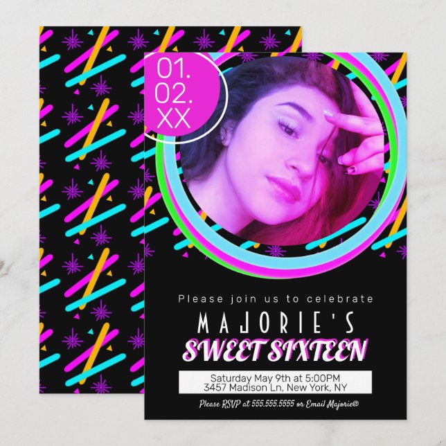 Sweet Sixteen Neon Party Club Style Glow Laser Invitation (Front/Back)