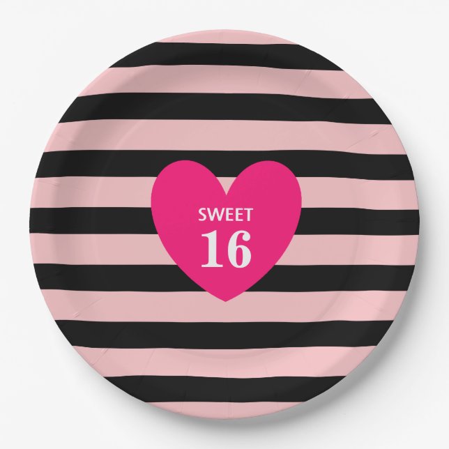 Sweet Sixteen on Black & Pink Striped Birthday Paper Plate (Front)