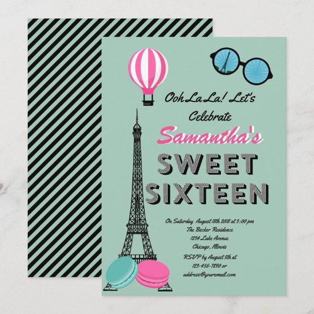 Sweet Sixteen Paris Happy Birthday Invitation Card (Front/Back)