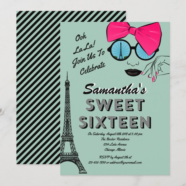 Sweet Sixteen Paris Theme Birthday Invitation Card (Front/Back)