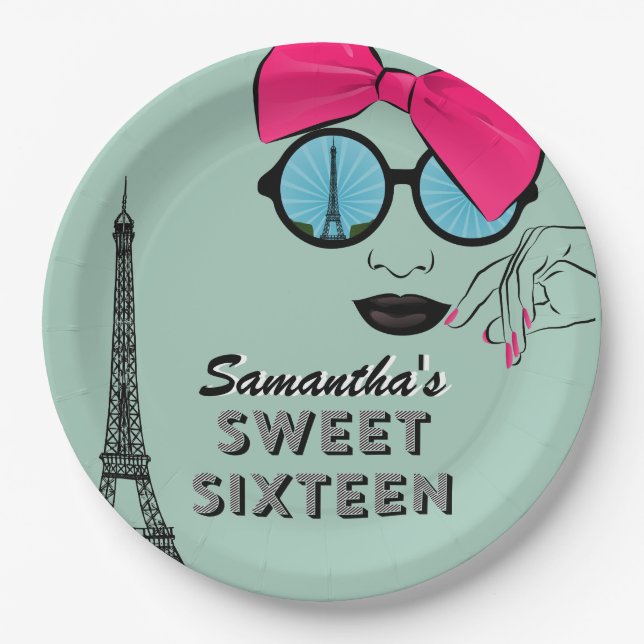 Sweet Sixteen Paris Theme Birthday Paper Plate (Front)