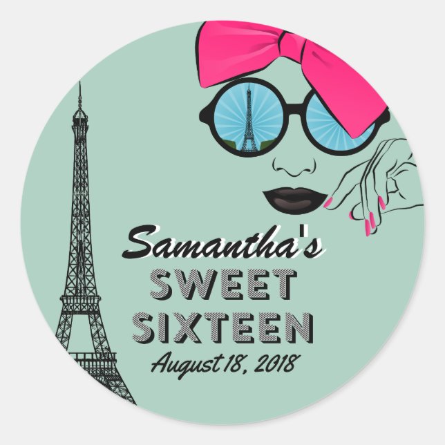 Sweet Sixteen Paris Theme Birthday Sticker Favour (Front)