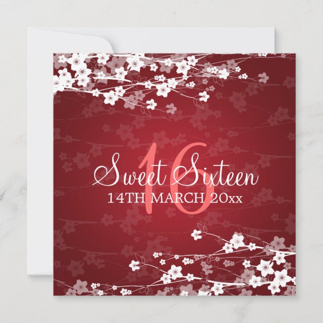 Sweet Sixteen Party Cherry Blossom Red Invitation (Front)