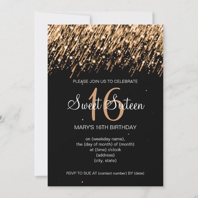 Sweet Sixteen Party Falling Stars Gold Invitation (Front)