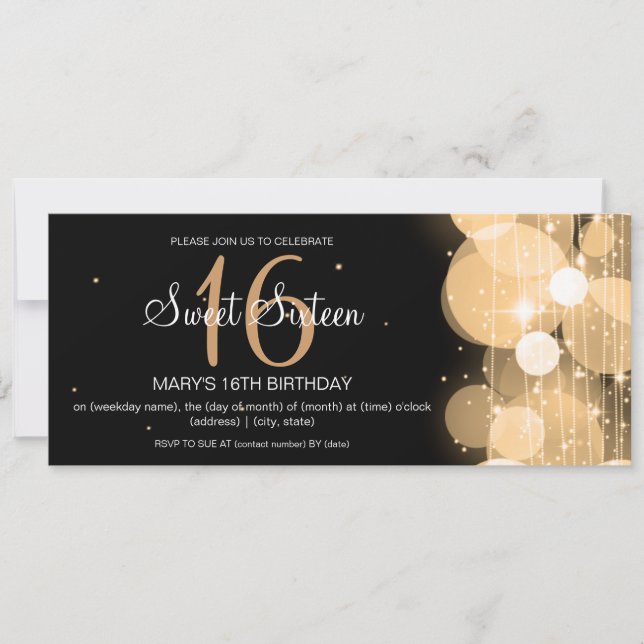 Sweet Sixteen Party Glow & Sparkle Gold Invitation (Front)