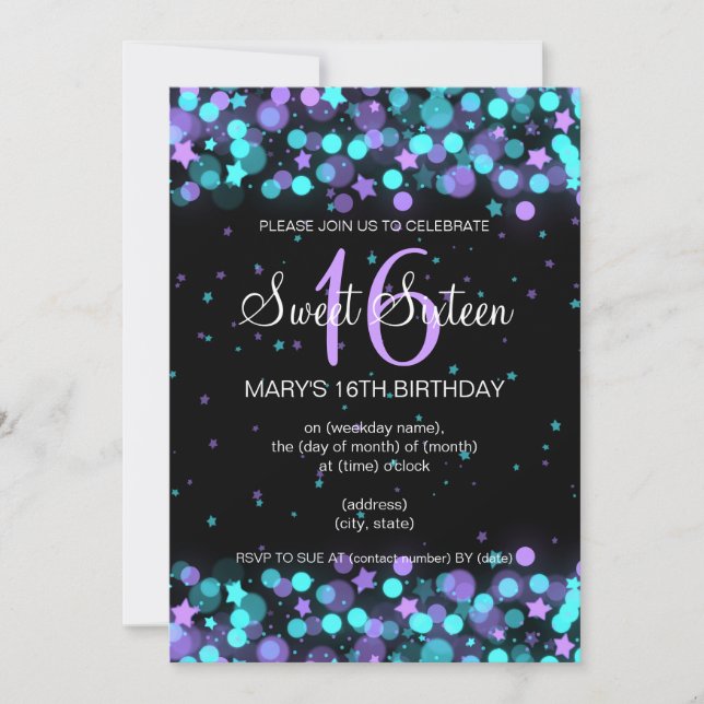 Sweet Sixteen Party Lights and Stars Invitation (Front)