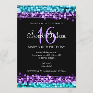 Sweet Sixteen Party Lights Turquoise & Purple Invitation
