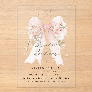 Sweet Sixteen Party Pink Coquette Bow Rose Floral Acrylic Invitations