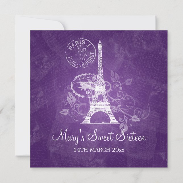 Sweet Sixteen Party Romantic Paris Purple Invitation (Front)