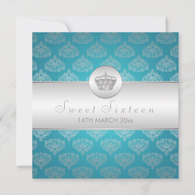 Sweet Sixteen Party Royal Crown Blue Invitation (Front)