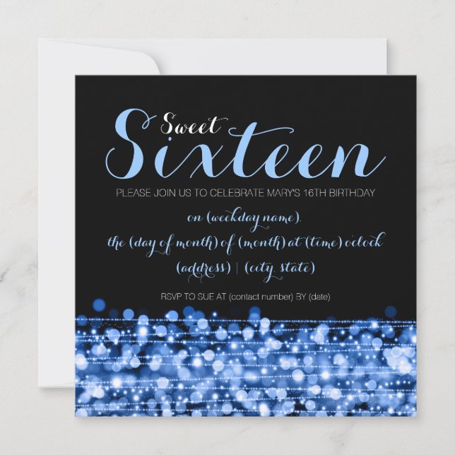 Sweet Sixteen Party Sparkles & Lights Blue Invitation (Front)