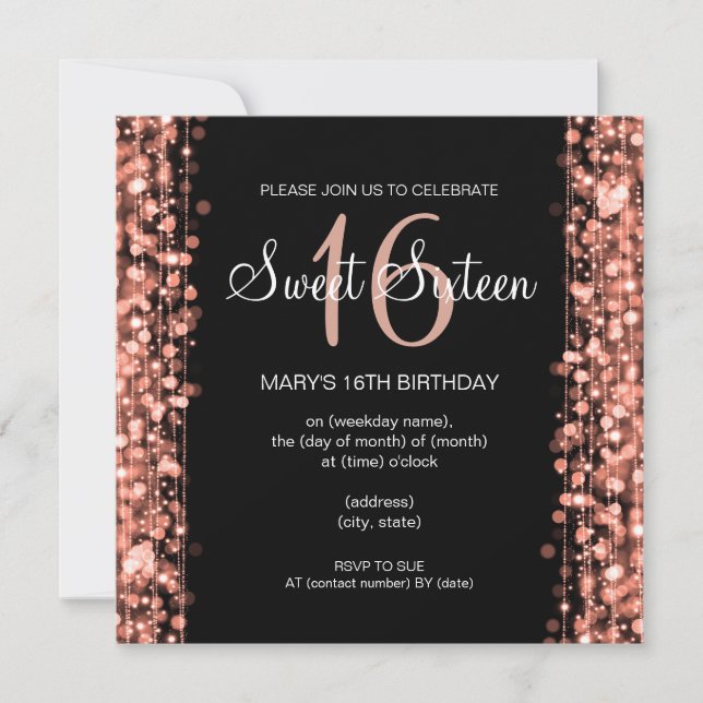 Sweet Sixteen Party Sparkles Rose Gold Black Invitation (Front)