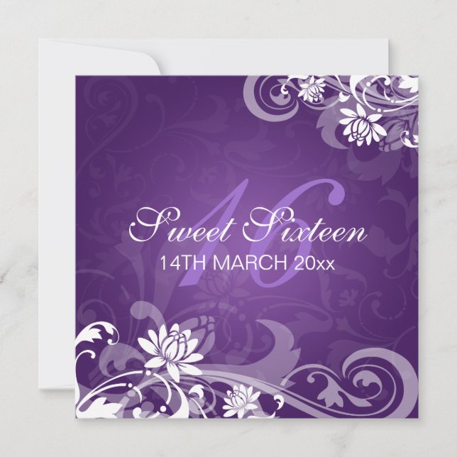 Sweet Sixteen Party Swirly Flowers Purple Invitation (Front)