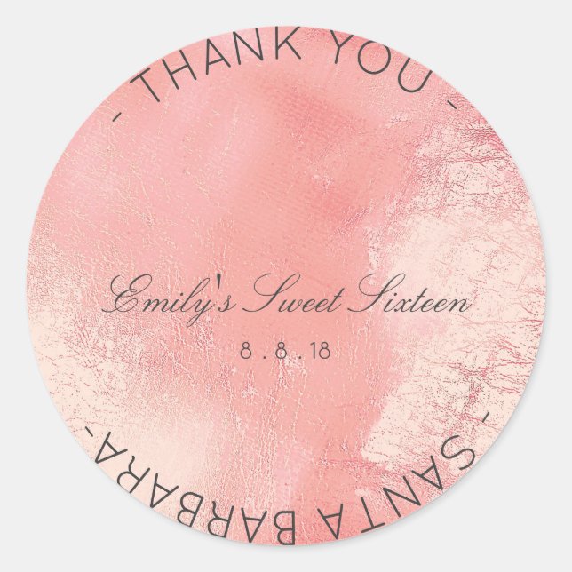 Sweet Sixteen Peach Pink Rose Metallic Glass Classic Round Sticker (Front)