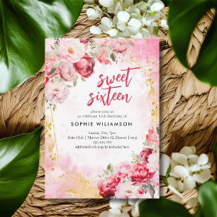 Sweet sixteen peonies and roses  birthday  invitation