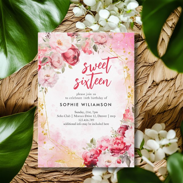 Sweet sixteen peonies and roses  birthday  invitation (Creator Uploaded)