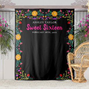 Sweet Sixteen Photo Booth Backdrop Mexican Flowers Tapestry