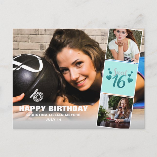 Sweet Sixteen Photo Collage Turquoise Glitter Postcard (Front)