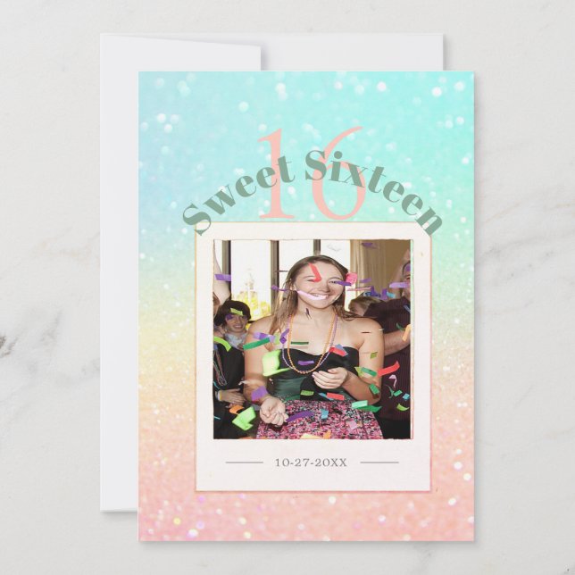 Sweet Sixteen Photo Glitter Modern Chic Birthday Invitation (Back)