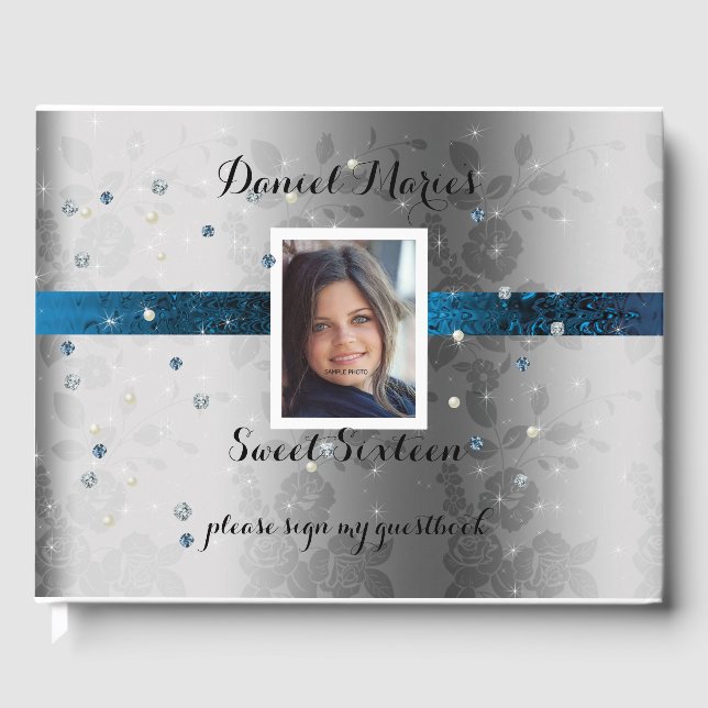 Sweet Sixteen, Photo, Teal Satin, Sparkle, Gems Guest Book (Front)