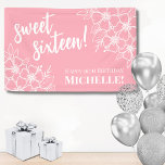 Sweet Sixteen Pink 16th Birthday Party Banner<br><div class="desc">Sweet Sixteen Pink White Birthday Banner: Celebrate a special milestone with this elegant 16th birthday banner. Featuring a sophisticated pink background adorned with white flowers, this banner combines classic serif fonts and script typography to create a stylish look. The text prominently displays "Sweet Sixteen" and can be personalised to include...</div>