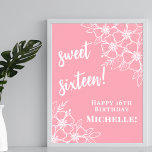 Sweet Sixteen Pink 16th Birthday Party Poster<br><div class="desc">Sweet Sixteen Pink and White Vertical Birthday Sign: Celebrate sixteen wonderful years with this elegant vertical birthday sign, designed with a soft pink background and delicate white flowers in the top right and bottom left corners. The layout creates a modern and graceful look that feels both youthful and sophisticated. “Sweet...</div>