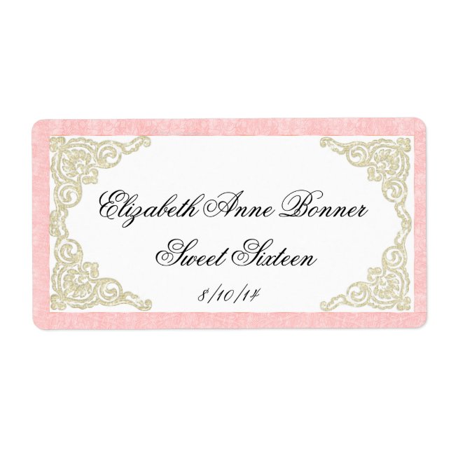Sweet Sixteen Pink and Gold Water Bottle Labels (Front)