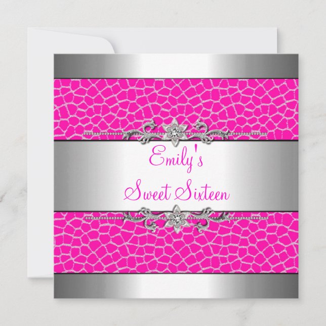 Sweet Sixteen Pink Animal Print Silver Birthday Invitation (Front)