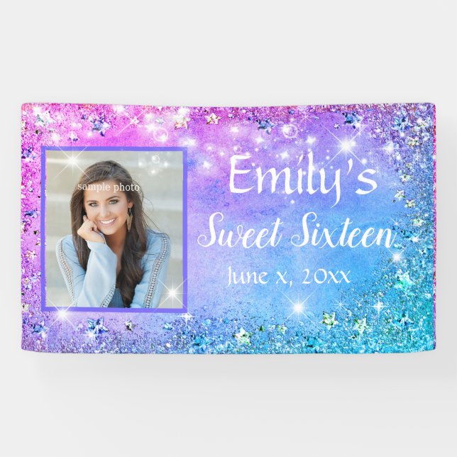 Sweet Sixteen Pink Blue Glitter Sparkle Lights Banner (Horizontal)