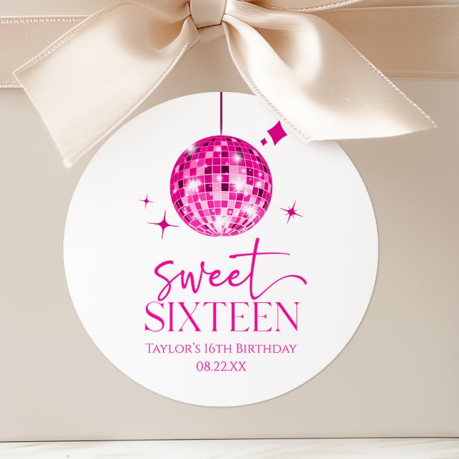 Sweet Sixteen Pink Disco Ball 16th Birthday Party Classic Round Sticker (Creator Uploaded)