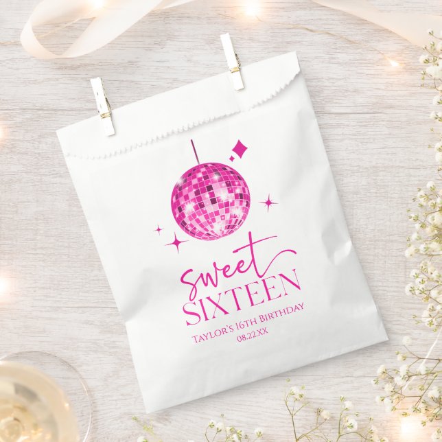 Sweet Sixteen Pink Disco Ball 16th Birthday Party Favour Bags (Clipped)