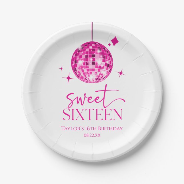 Sweet Sixteen Pink Disco Ball 16th Birthday Party Paper Plate (Front)