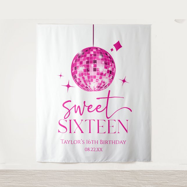 Sweet Sixteen Pink Disco Ball 16th Birthday Party Tapestry (Front)