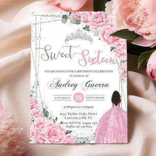 Sweet Sixteen Pink Floral Brown Princess Birthday Invitation