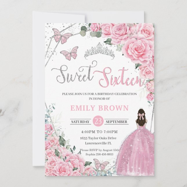 Sweet Sixteen Pink Floral Princess Silver Birthday Invitation (Front)