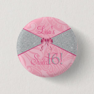Sweet Sixteen, Pink Glitter 1 Inch Round Button