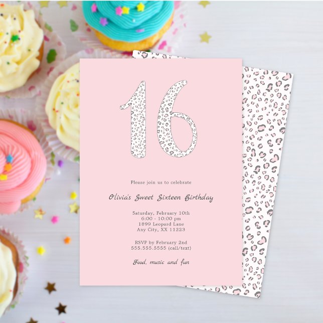 Sweet Sixteen Pink Grey Leopard Birthday Invitation (Creator Uploaded)