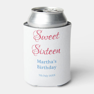 Sweet Sixteen pink name date calligraphy boho blue Can Cooler