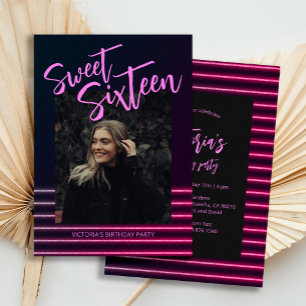 Sweet Sixteen Pink Neon Glitter Birthday Party Invitation