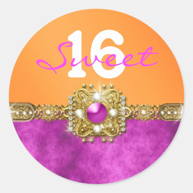 "sweet sixteen" pink orange 16 birthday classic round sticker (Front)