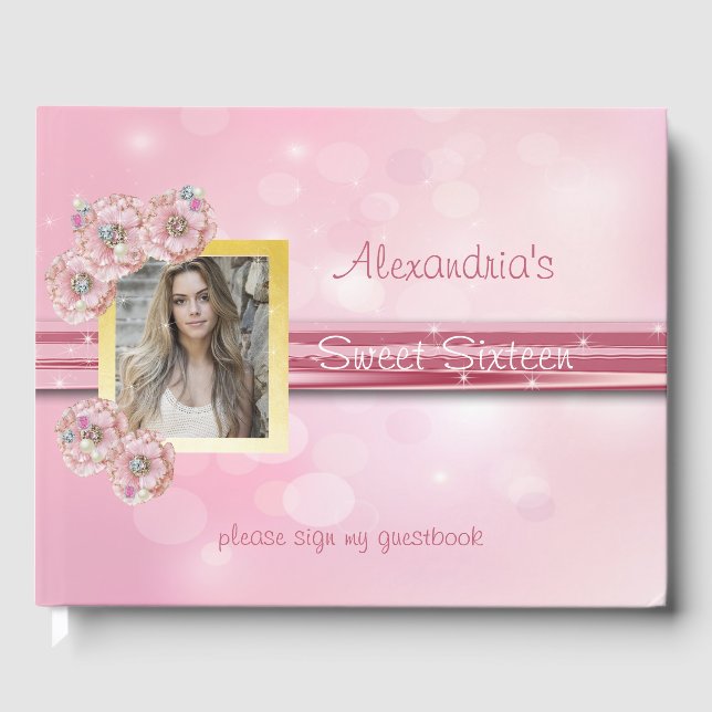 Sweet Sixteen, Pink Satin, Bokeh, Guest Book (Front)