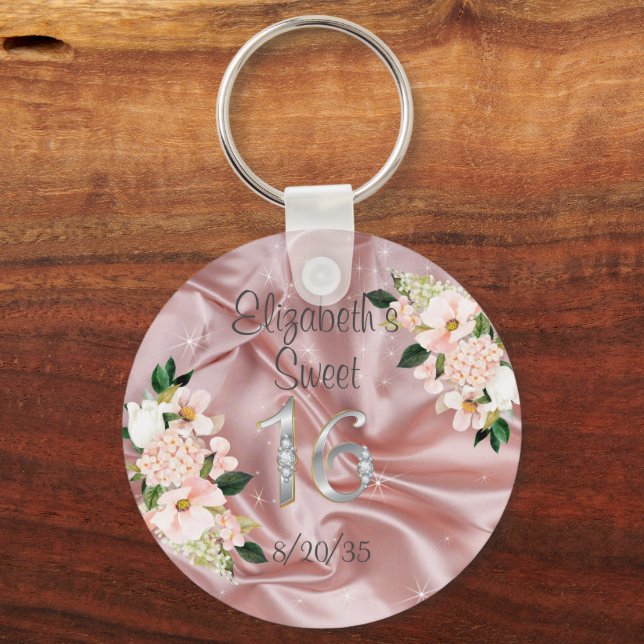 Sweet Sixteen Pink Satin Flowers Party Favour  Key Ring (Front)