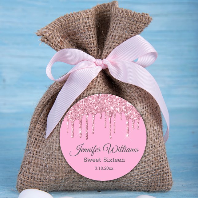 sweet sixteen  pink sparkles dripping glitters  classic round sticker (Creator Uploaded)