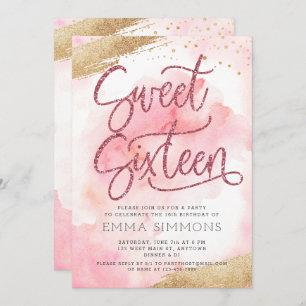 Sweet Sixteen Pink Watercolor Glitter Birthday Invitation